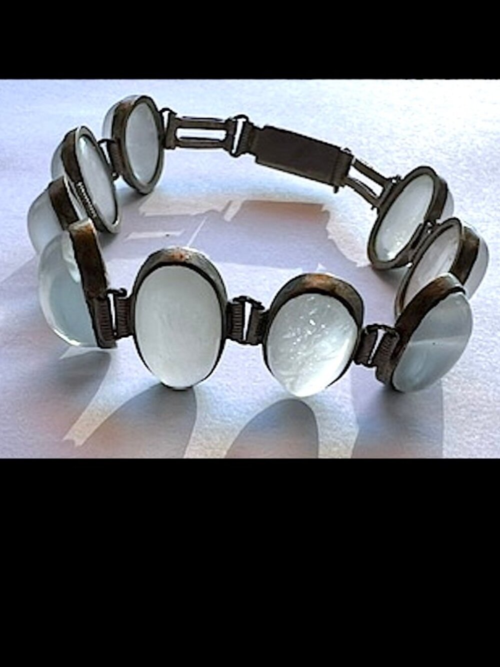 Vintage Silver Tone Moonstone Opalite Cabochon Bracelet 7 7/16" L - Picture 14 of 16